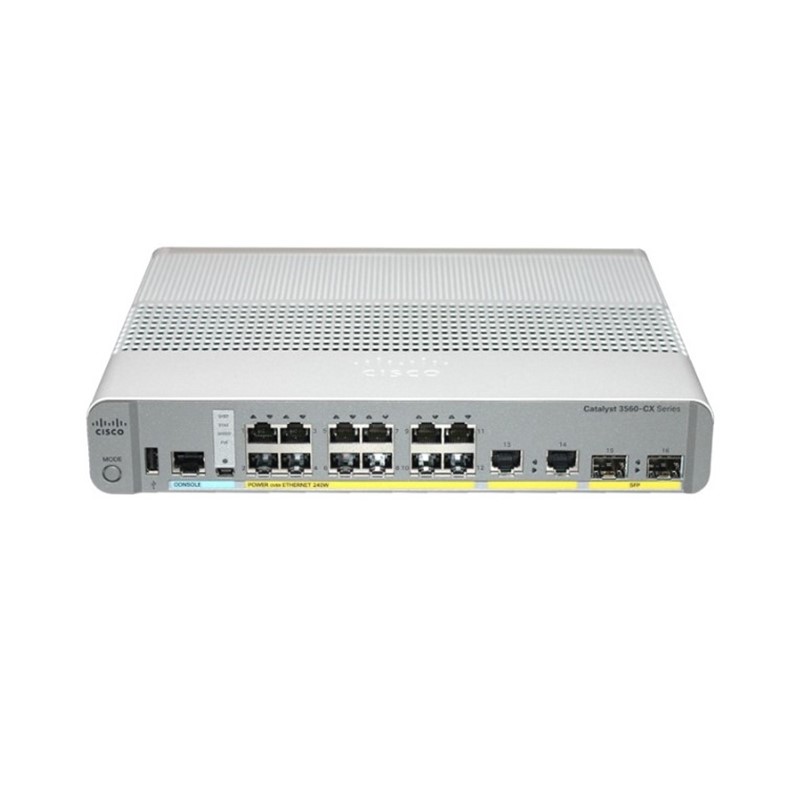 Cisco Catalyst 3560CX-12PC-S Network Switch, 12 Gigabit Ethernet (GbE)  Ports, 8 PoE+ Outputs, 240W PoE Budget, 2 1G SFP and 2 1G Copper Uplinks